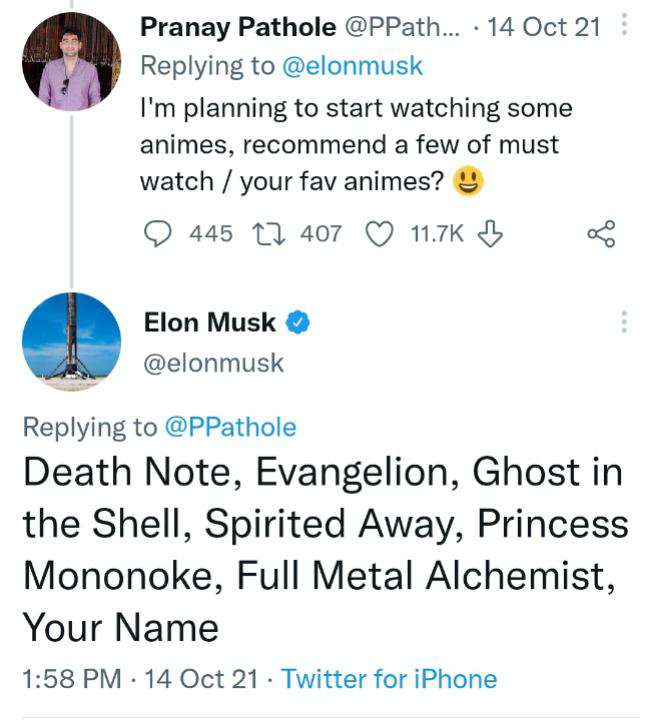 Elon musk favorite anime tweet